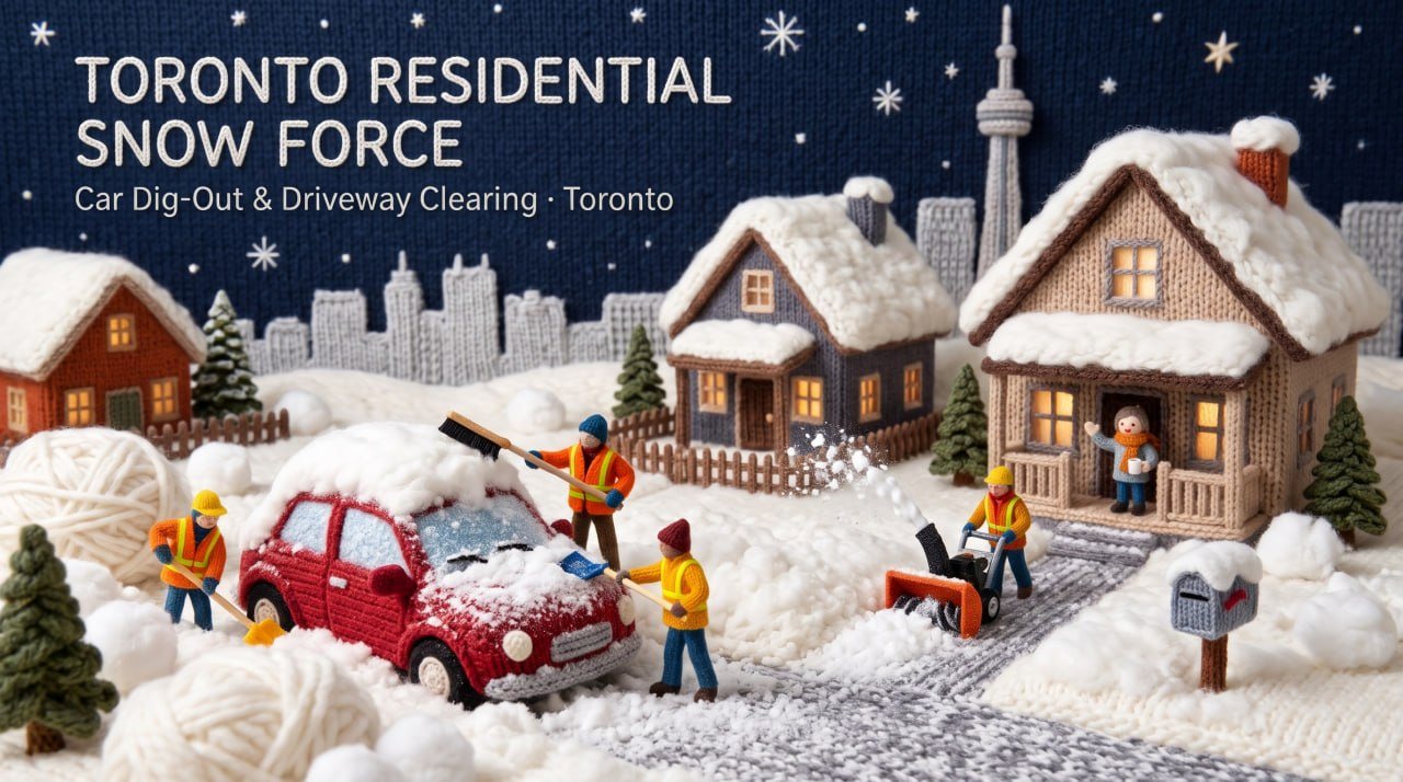 Toronto Residential Snow Force: knitted winter scene with the CN Tower, a crew in orange vests digging out a red car and clearing a driveway