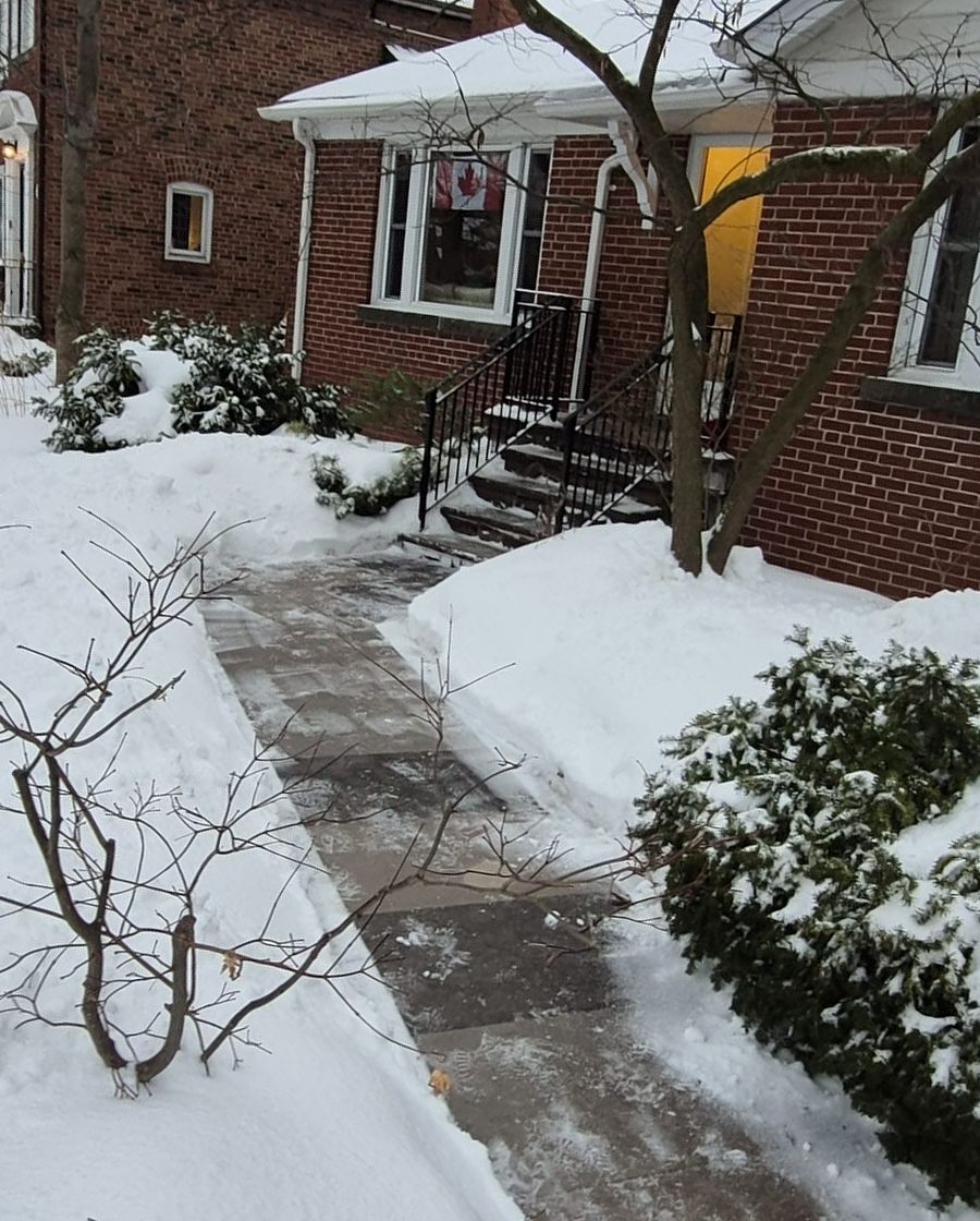Shovelled path leading to the door of a brick house between high snowbanks