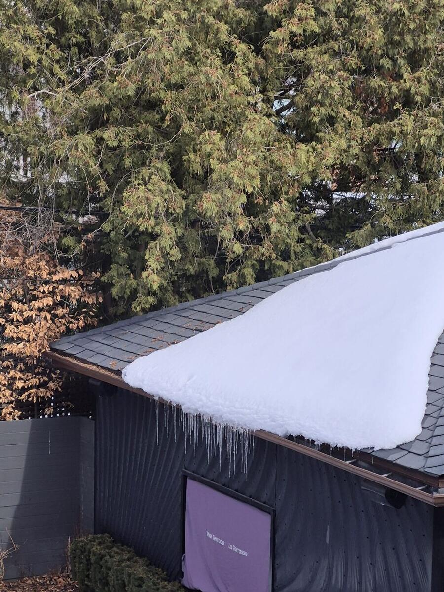 Row of long icicles under a snow-loaded gutter